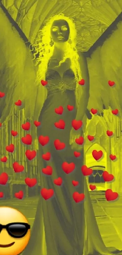 Golden angel with heart emojis and wings in a glowing corridor background.