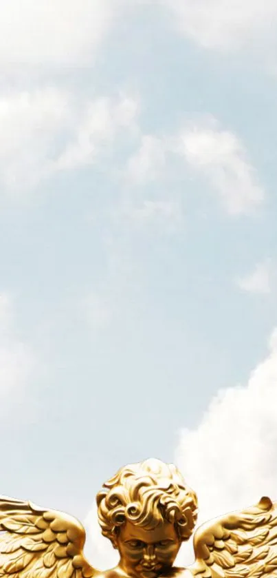 Golden angel with wings against a cloudy sky background.