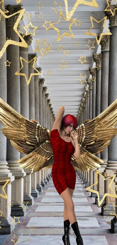 Angel with golden wings in starry column hallway.