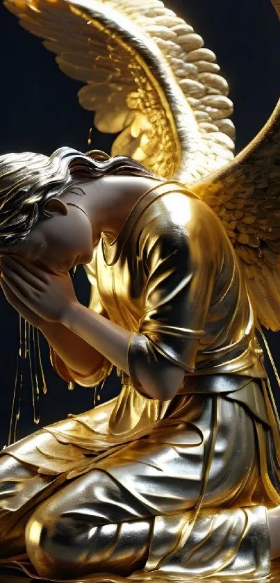 Kneeling golden angel statue with wings, glowing in dark background.