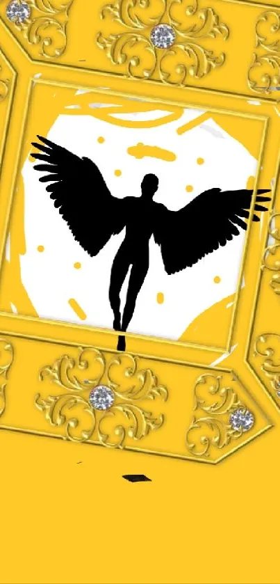 Black angel silhouette with golden frame art.