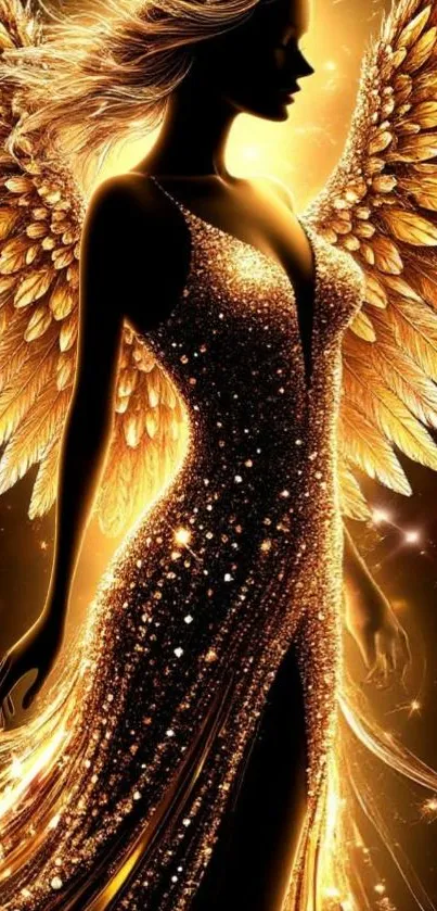 Stunning golden angel silhouette with shimmering wings and dress.