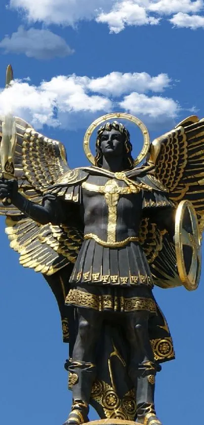 Golden angel statue with wings against a vibrant blue sky, perfect for mobile wallpaper.