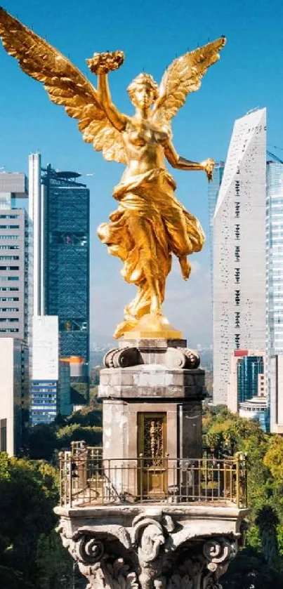 Golden angel statue with cityscape skyline.