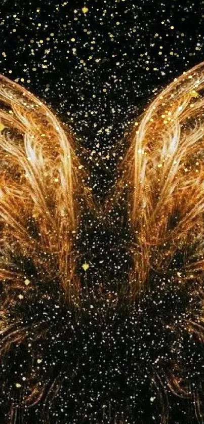 Golden angel wings on a starry black background