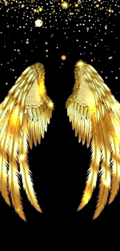 Golden angel wings on black background with glittering accents.