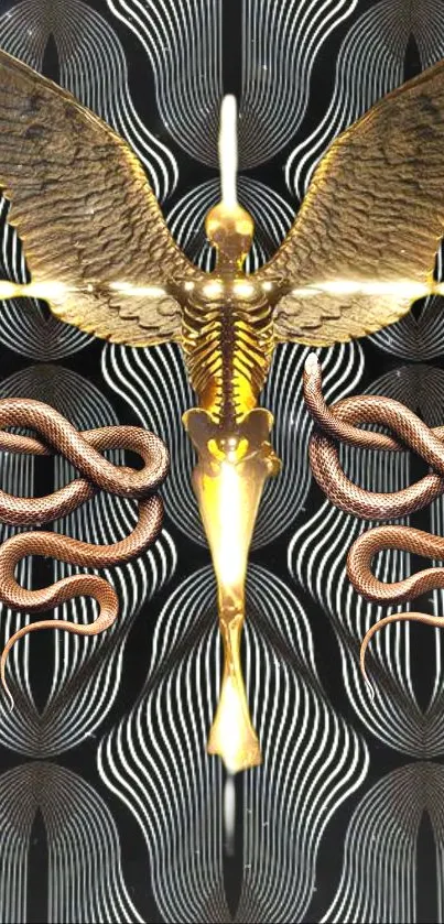 Golden angel with snakes on black and white pattern background.