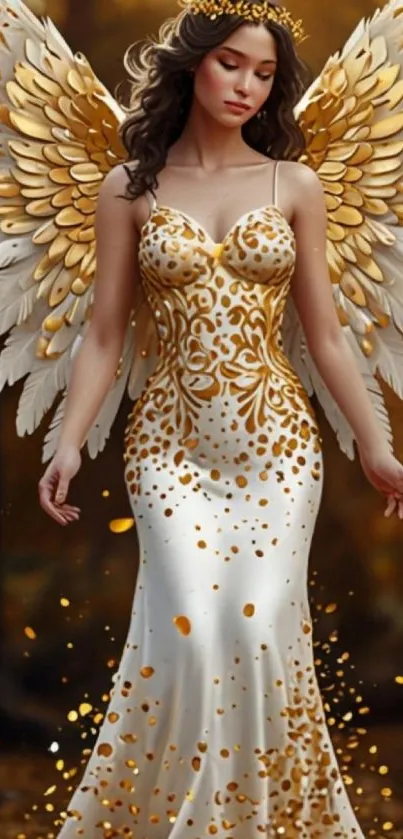 Angelic figure in golden dress with wings and an ethereal glow.