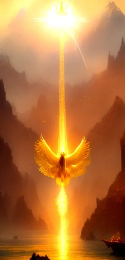 Golden angel ascends amidst glowing cliffs in fantasy art wallpaper.