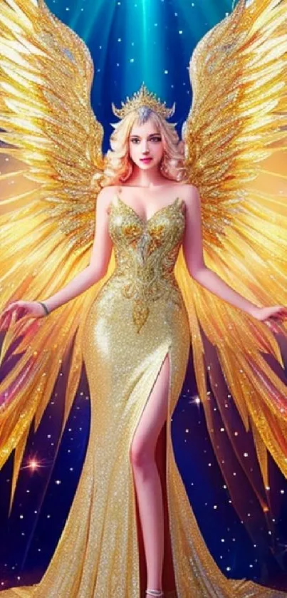 Golden angel with radiant wings on a cosmic background.