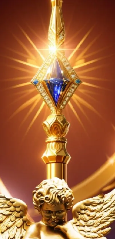 Golden angelic ornament with celestial wings and radiant gems.