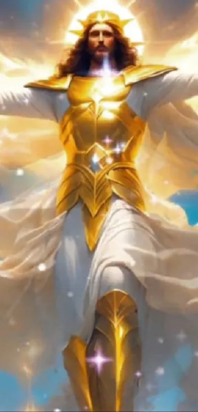 Angelic figure in golden armor surrounded by radiant light.