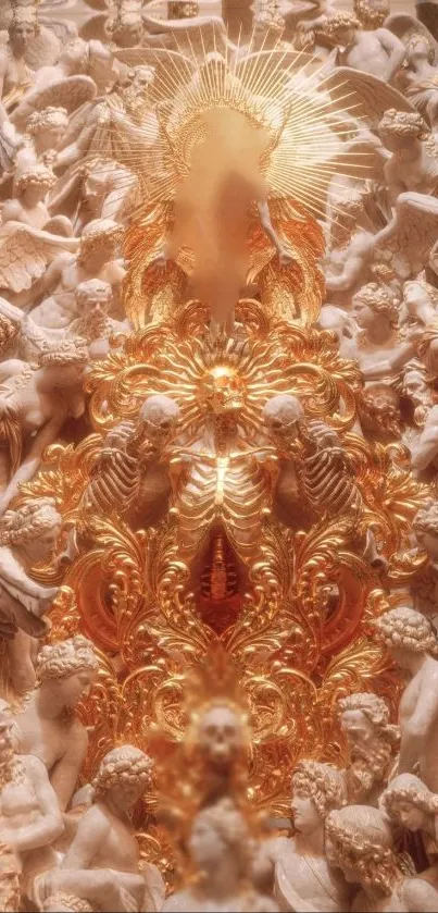 Intricate golden angelic relief wallpaper for art lovers.