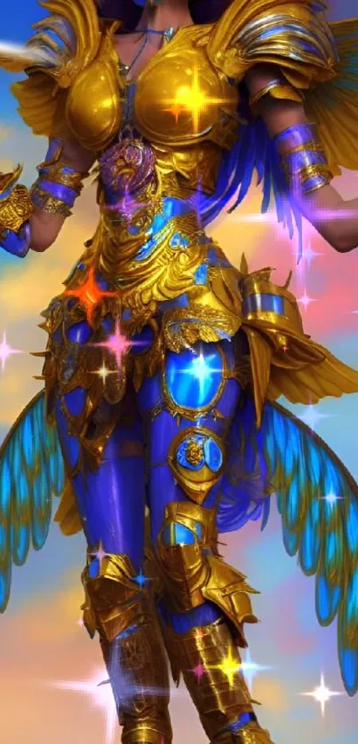 Golden-armored angelic warrior wallpaper with blue accents and vibrant colors.