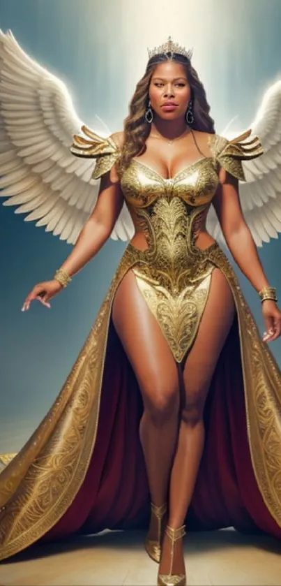 An angelic warrior with golden armor and wings, exuding strength and elegance.