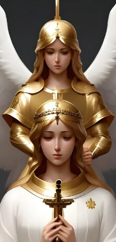 Angelic figures with golden armor and wings.
