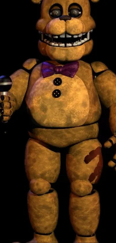 Golden animatronic bear holding a microphone in dark background.