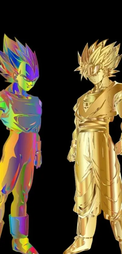 Golden and multicolored anime characters on a black background mobile wallpaper.