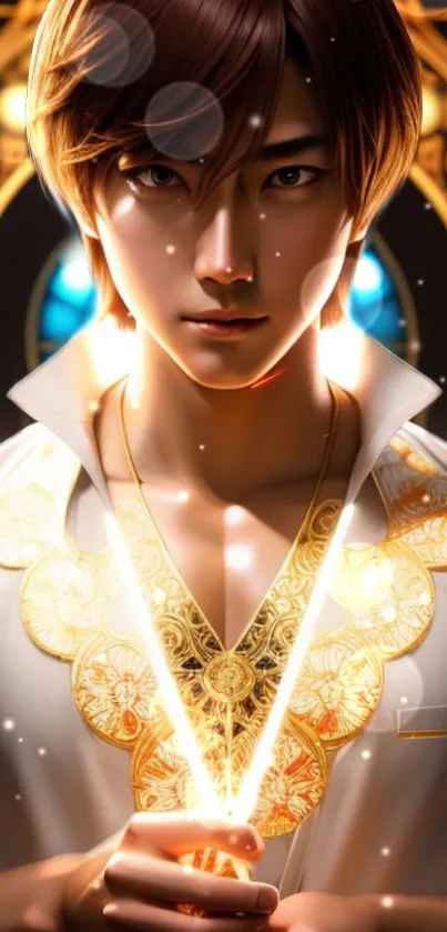 Anime character in gold attire with glowing elements; vibrant and detailed design.