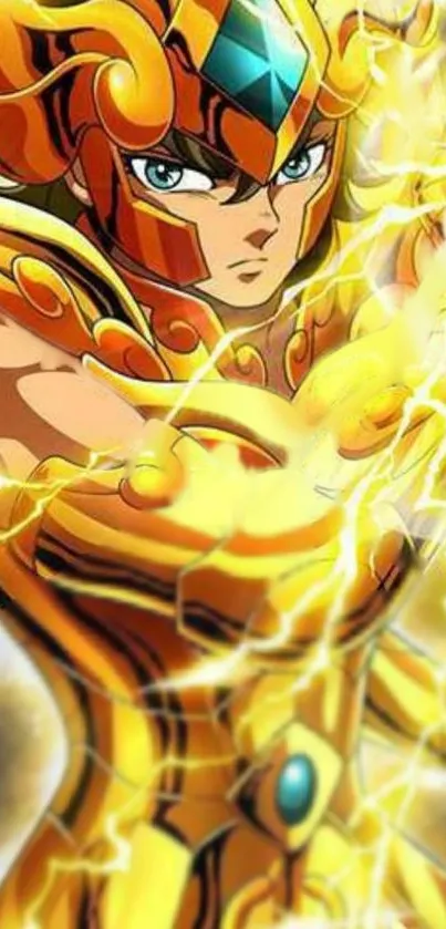 Golden anime warrior with electric energy in vibrant art style.