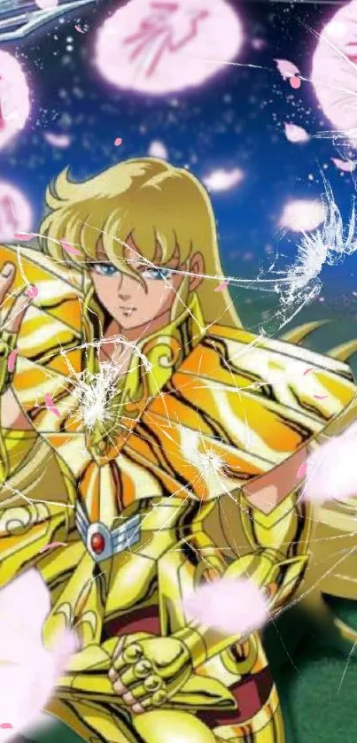 Anime warrior in golden armor with celestial effects.