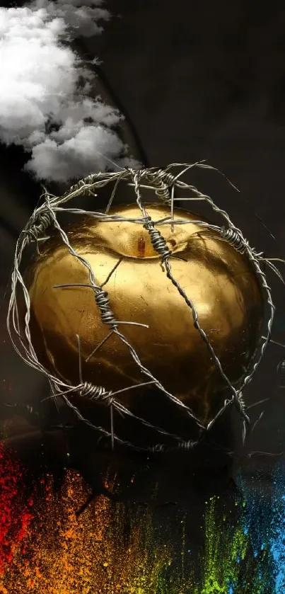 Golden apple with barbed wire on dark background with colorful hues.