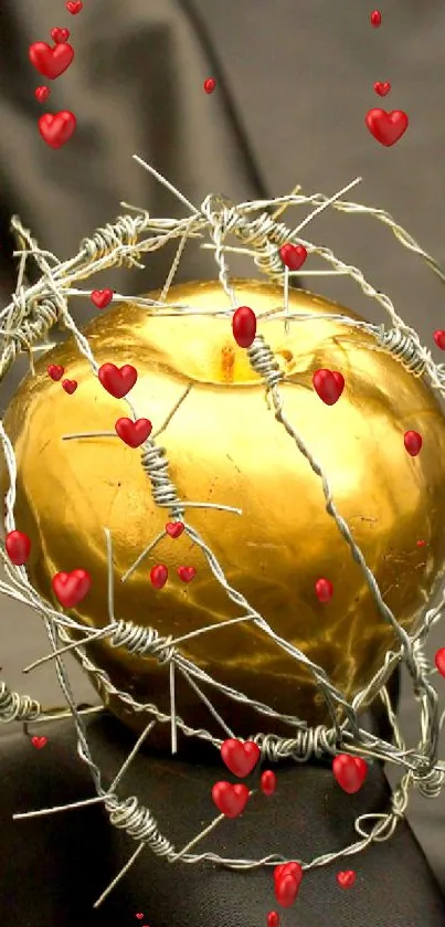 Golden apple wrapped in barbed wire on black silk.