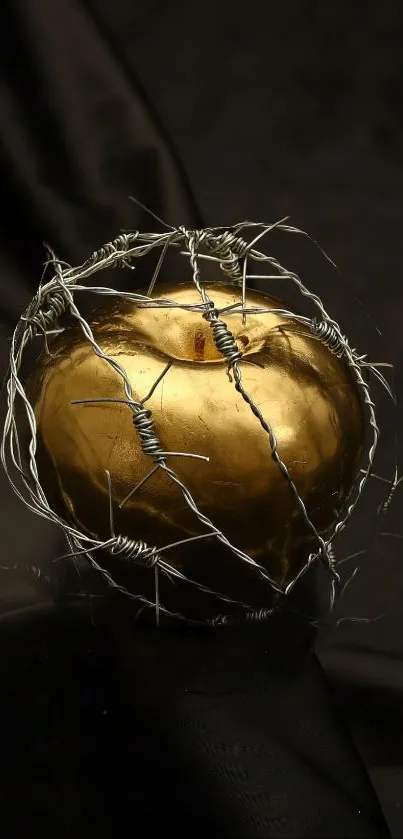 Golden apple wrapped in barbed wire against a dark background.