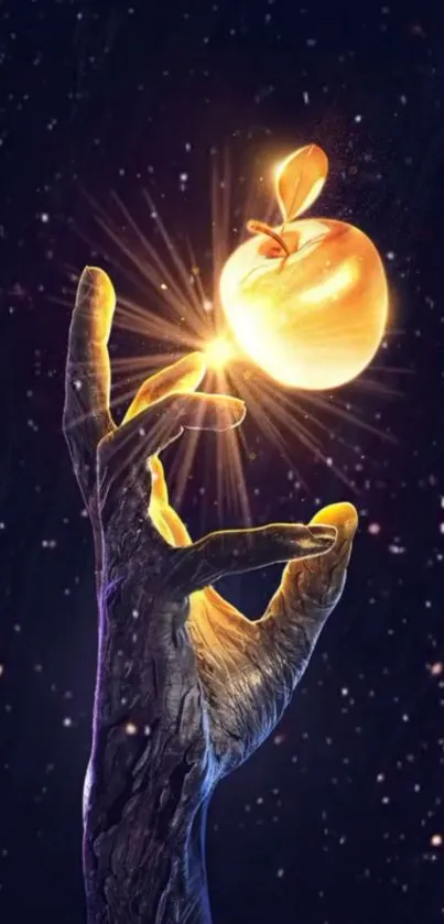 Cosmic hand holding a glowing golden apple in a starry space scene.