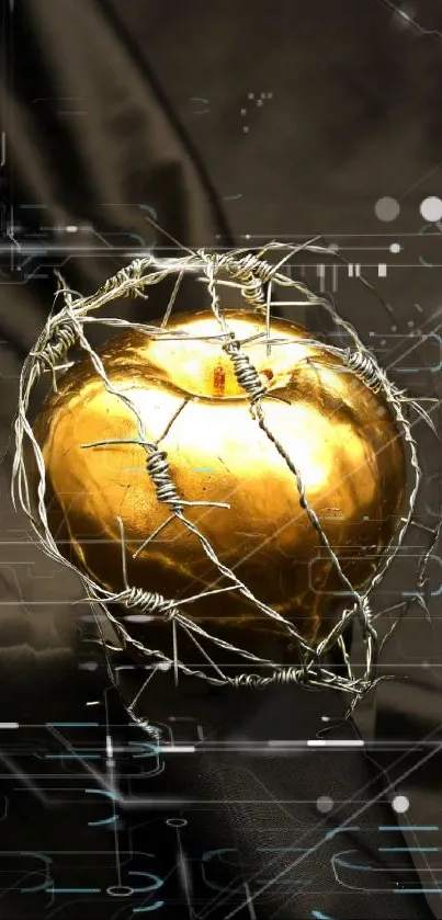 Golden apple wrapped in wire with digital overlay on a dark background mobile wallpaper.