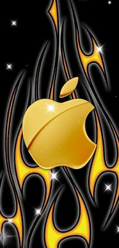 Golden apple logo with flames on black mobile wallpaper.