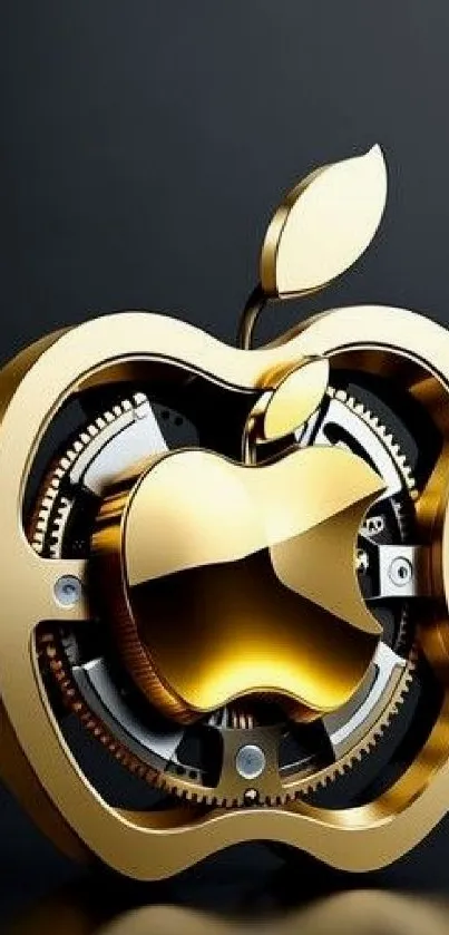 3D gold apple logo with intricate gear design on a dark background.