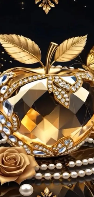 Luxurious golden apple with jewels and pearls.