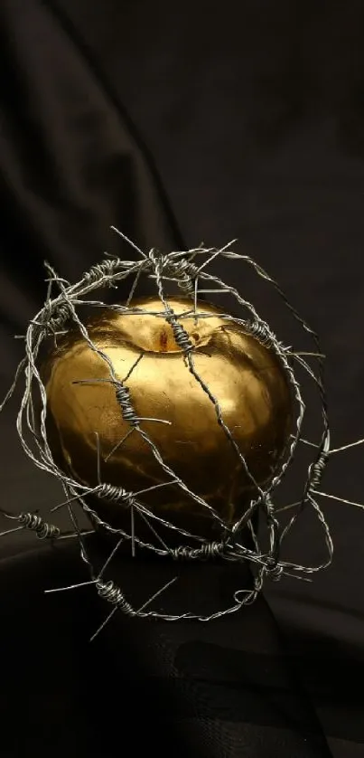 Golden apple wrapped in barbed wire on a black background mobile wallpaper.