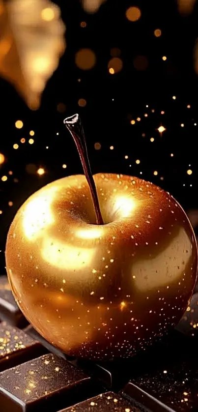 Golden apple sitting on chocolate bar with sparkling effect.
