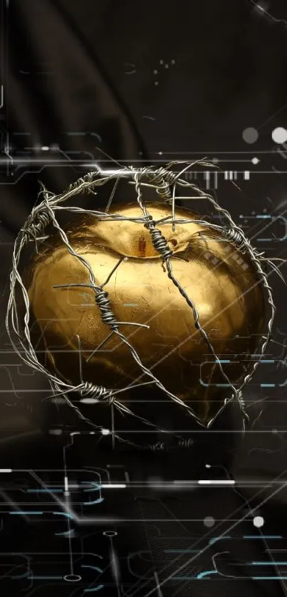 Golden apple wrapped in wires on a dark, futuristic background.