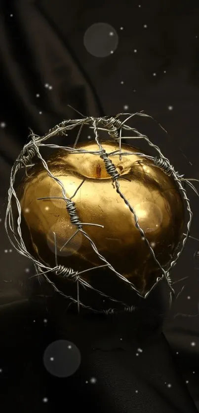 A golden apple wrapped in barbed wire on a dark background.