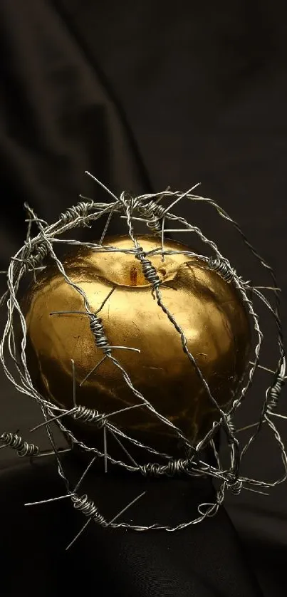 Golden apple wrapped in barbed wire on dark cloth.