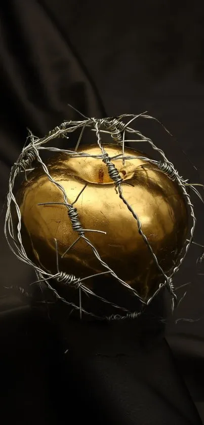 Golden apple wrapped in barbed wire against a dark background.