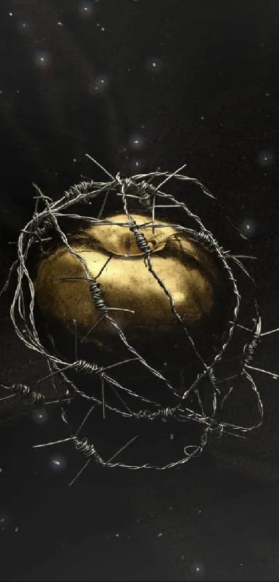 Golden apple encircled by barbed wire against a dark background.