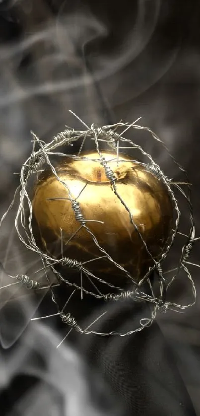 Golden apple wrapped in barbed wire on a black background.