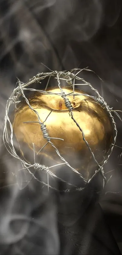 Golden apple wrapped in barbed wire surrounded by ethereal smoke.