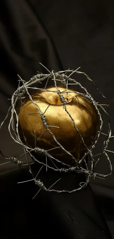 Golden apple wrapped in barbed wire on a dark background.