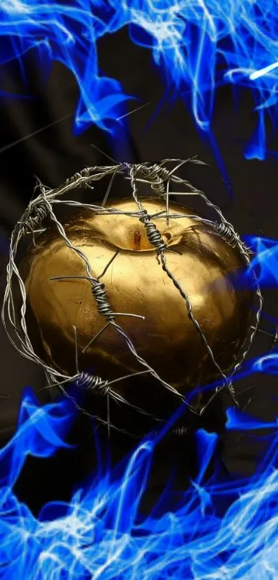 Golden apple encased in barbed wire with vibrant blue flames.