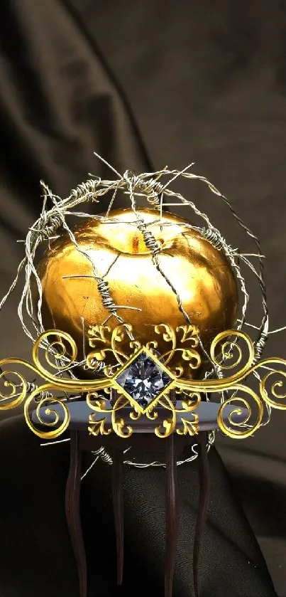 Golden apple in wire with ornate crown on dark background.