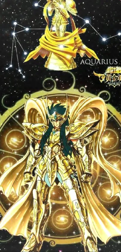 Golden anime warrior with Aquarius constellation on mobile wallpaper.