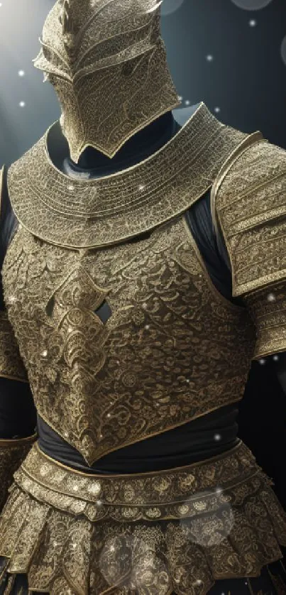 Intricately detailed golden armor with medieval design against a dark background.