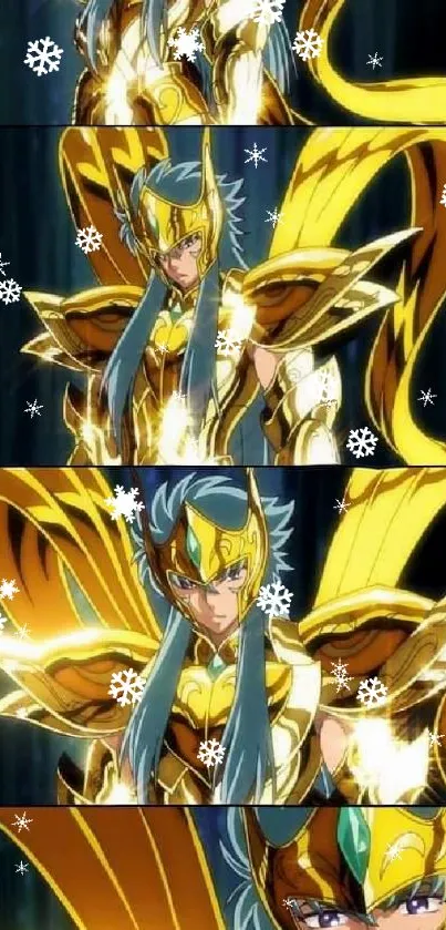 Anime character in gold armor with dynamic pose.