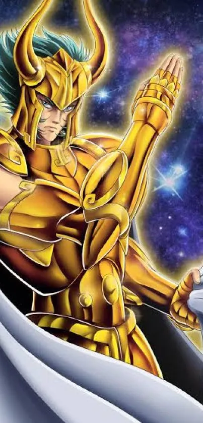 Anime character in golden armor with a starry cosmic background.