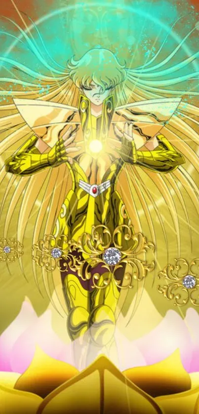 Fantasy figure in golden armor with vibrant energy.